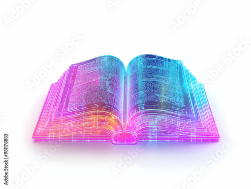 Flat Holographic Election Laws Book Concept: Medium Shot of Holographic Book with Glowing Pages, Camera Highlighting Key Sections, on White Background with Copy Space for Legal Info � Simple Vector Il