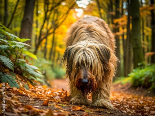 A curious Briard dog with a shaggy coat sniffing intently through underbrush on a forest trail, surrounded by dense foliage and fallen leaves.