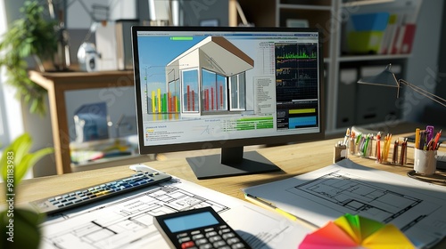 "Create a photorealistic image of a heating load calculation for a single-family home. Display technical diagrams, charts, and tables