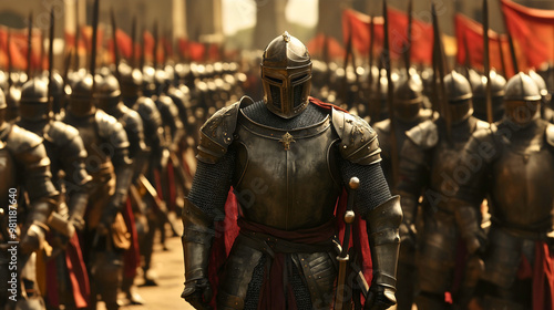 Group of medieval warriors or knights in full body metal armor standing in formation preparing strategy for battle, ancient soldiers with helmets heroic medieval war history, knighthood honor