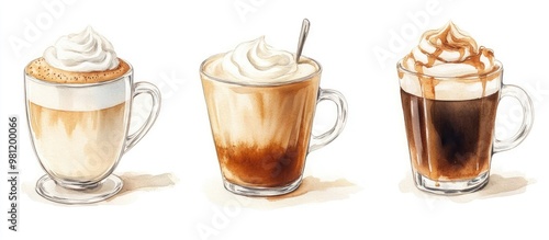 Hand painted watercolor illustration of coffee beverages suitable for cafe menus featuring a delicate latte sweet macchiato espresso and coffee topped with milk and whipped cream