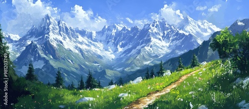 Painting of a summer trekking trail featuring numerous peaks between 6000 8000m elevation from a prominent mountain range