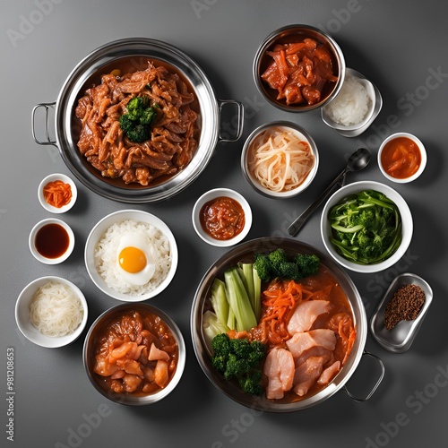 Korean-style diet with stainless steel plates of kimchi, vegetables, meat, and rice, alongside separate soup bowls 