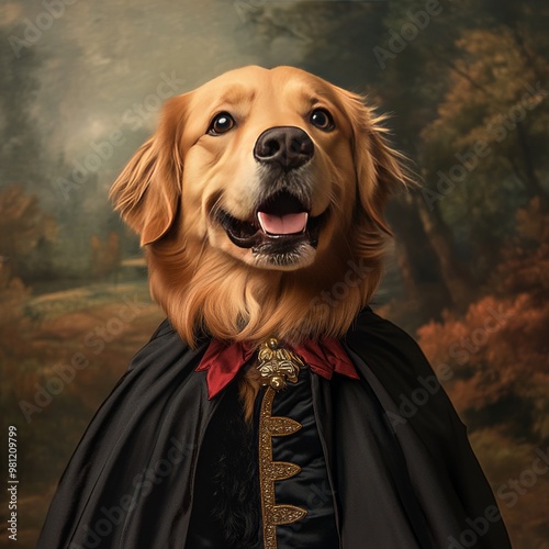 A golden retriever dog wearing a black cape and a red collar, posed against a painted landscape background.