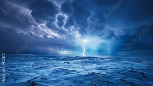 Lightning strikes dramatically over a frozen tundra, casting cold blue light on icy plains. The contrast between cool tones and sharp highlights enhances visual depth