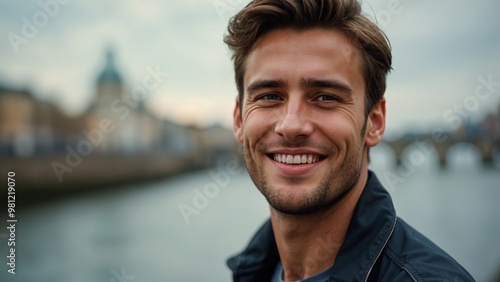 young smiling handsome man smiling portait photo river bridge cityscape blurred background