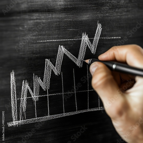 A hand draws a white chalk upward trending line graph on a black chalkboard.