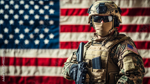 Bravery in uniform: US soldier in full combat gear poses before American flag on Veterans day