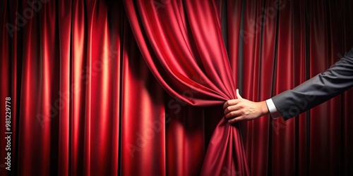 A hand pulling back a velvet curtain revealing a bright stage, curtain, opening, reveal, hand, stage, theater