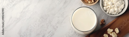 A fresh and creamy glass of milk accompanied by delicious nuts and cottage cheese on a stylish countertop.