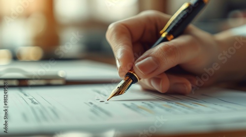 Close-up of a hand signing a document with a fountain pen.