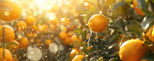 Vibrant image showcasing fresh oranges with droplets of water on them in a sunlit orange grove.