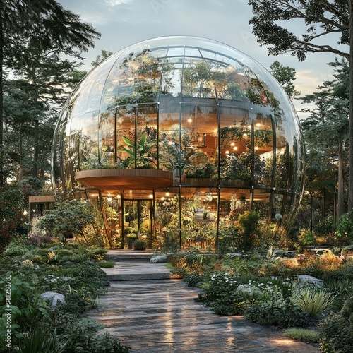 A modern geodesic dome home surrounded by lush greenery, showcasing sustainable and eco-friendly architecture.