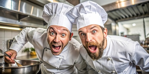 Two goofy chefs goofing off in the kitchen, funny, cooks, silly, humor, kitchen, apron, chef hat, teamwork, laughter, cooking