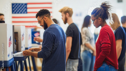 A group of people are voting in a polling station