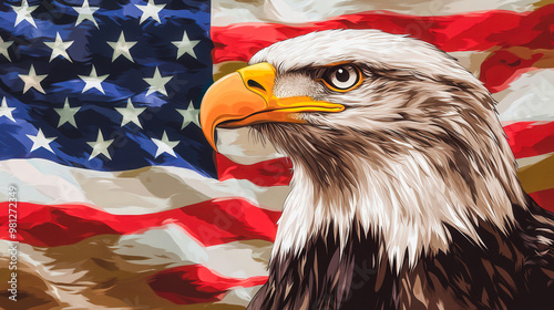 An eagle is standing in front of the American flag