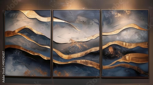 A trio of abstract hand painted oil paintings with golden lines for wall decoration