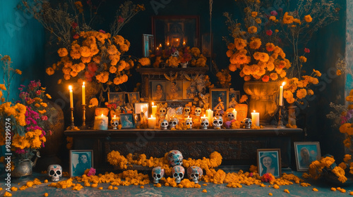 Altar (Ofrenda) Elements: Poster featuring a traditional altar adorned with candles, sugar skulls, photographs, incense, and offerings like bread and fruits