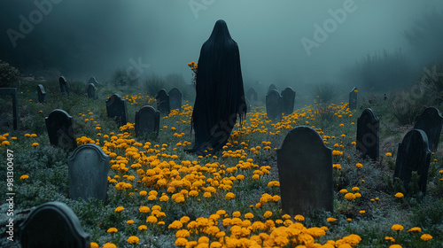 La Llorona Legend: Eerie poster featuring the ghostly figure of La Llorona wandering among graves covered in marigold flowers