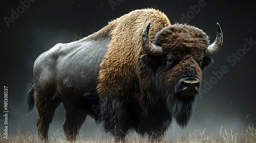 A majestic American Bison stands in a field of tall grass, staring intently at the camera.