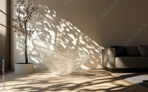 Minimalist living room featuring an unusual sculptural chair made of transparent materials. Elegant home design with natural light and shadows. Interior design and luxury furniture concept