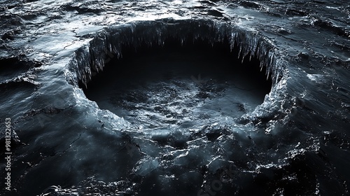 An aerial view of a large sinkhole in the ocean, with icy edges and dark water below.