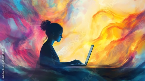 A silhouette of a woman working on a laptop amidst vibrant, colorful swirls, symbolizing creativity and inspiration.