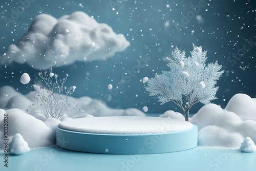 high-quality illustration of a podium in a winter setting with snowfall and a white night background, designed for mock presentations and product displays on a round pedestal with cloud and sky