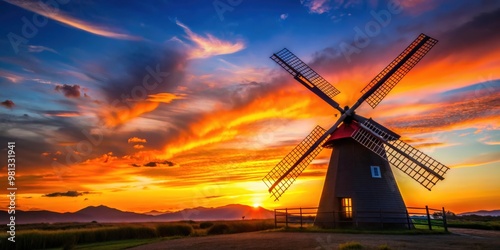 Windmill silhouette against a colorful sunset in Aso, Kumamoto, Japan, Windmill, sunset, colorful, Aso, Kumamoto, Japan