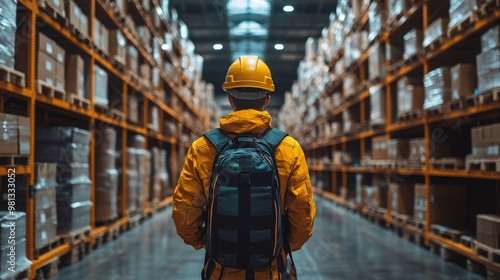 Workers use exoskeletons to enhance efficiency in a large warehouse during operational hours