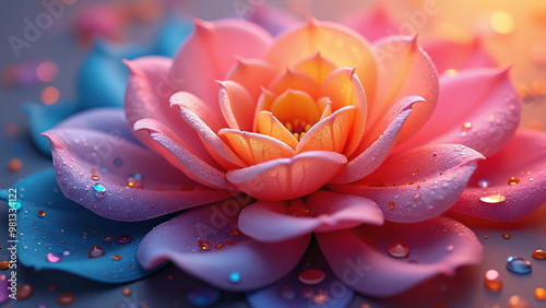 An unreal rainbow rose flower with colored water droplets on it's petals and a blue background with a yellow center grading to warm and cold tones. Neo romanticism