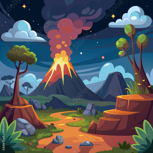 Volcano erupt with glow lava and smoke at night. Cartoon vector illustration of prehistoric landscape with dangerous volcanic mountain with magma explosion, smaller rock hills and plant, clouds on sky