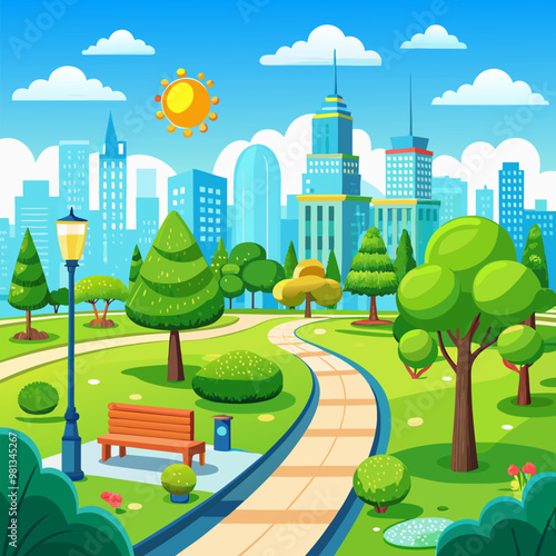 Summer city park with pedestrian roads. Vector cartoon illustration of summer scenery with green lawn, bushes and trees on horizon, urban public garden with sidewalk, clouds in blue sunny sky