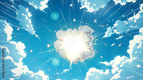 A blue sky background with white clouds, a huge explosion in the center filled with an anime-style cartoon cloud. The comic book style features a simple and colorful drawing style