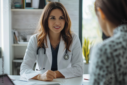 Female doctor in white coat sitting at desk with patient.