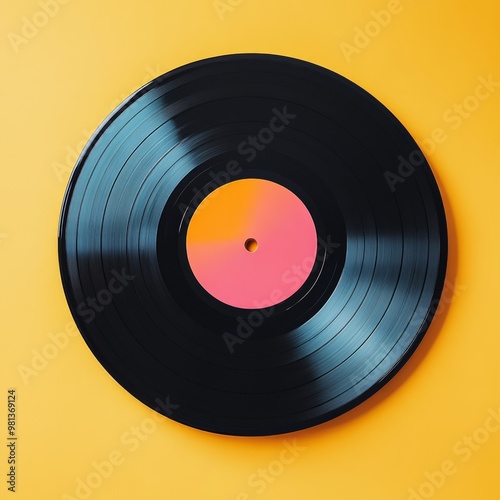 Black vinyl record with a pink and orange label on a yellow background.