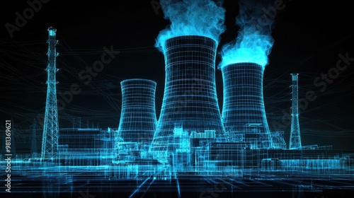 5w A digital art rendering of the nuclear power plant with blue glowing accents, showcasing energy production and technology elements in a wireframe