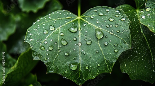 Raindrops glistening on a verdant leaf, capturing the essence of nature's beauty. 