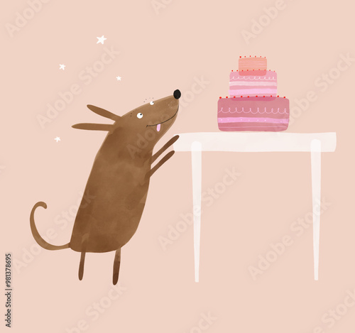 Cute Birthday Vector Card with Happy Brown Dog, Stars and Pink Cake. Funny Dog ​​Trying To Reach The Birthdaycake From The Table. Lovely Nursery Art with Sweet Hungry Puppy. Kids' Room Decoration.