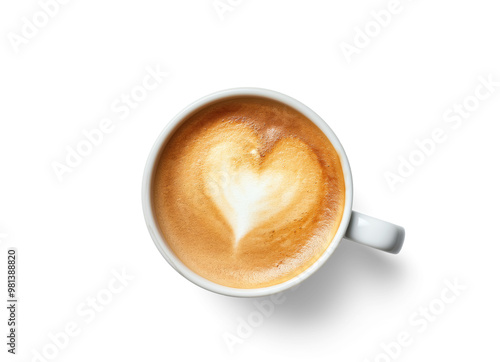 Cup of coffee with heart shaped latte art on top, view from above, isolated on transparent background. Generative AI