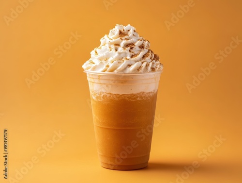 Pumpkin spice frappuccino topped with whipped cream in a clear cup on an orange background.