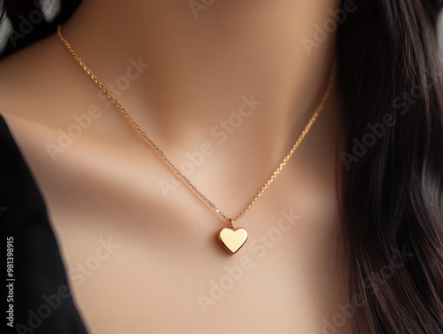 Gold heart-shaped pendant necklace worn on a woman's neck.