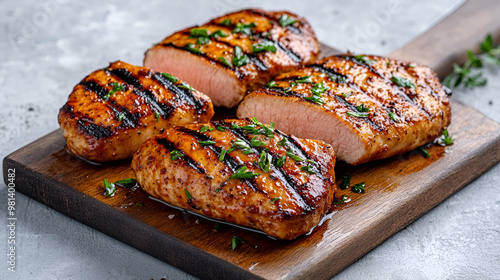 Grilled pork chop or chicken breast sliced on a cutting board