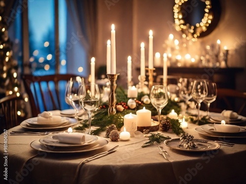 Dinner table illuminated by candlelight. The elegant decor and warm ambiance capture the essence of a festive holiday meal.