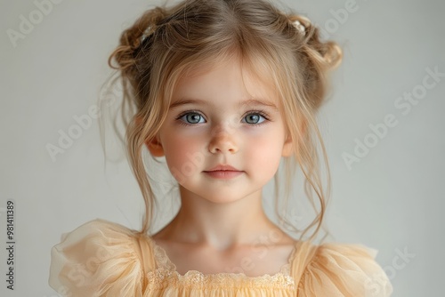 closeup little caucasian girl in festive dress on light background, minimalistic portrait, childrens matinee