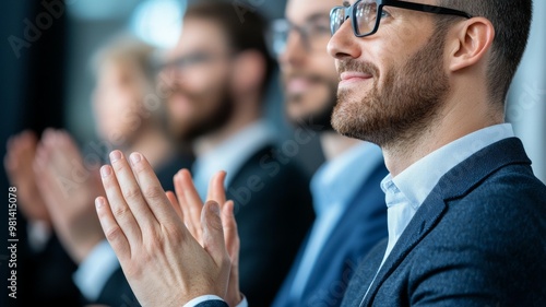 A group of people are clapping and smiling at a man in a suit