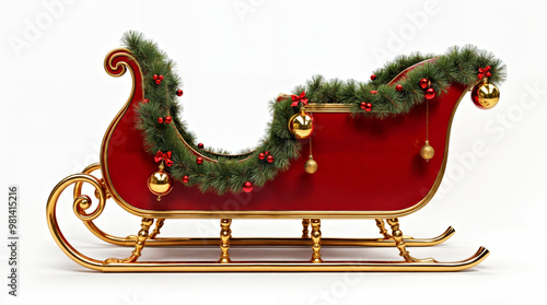 Festive Red Christmas Sleigh Decorated with Green Garland and Gold Ornaments Isolated on White Background