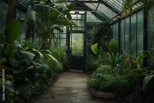 Tropical foliage inside glass conservatory