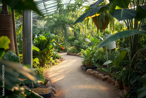 Greenhouse interior with vibrant tropical plants