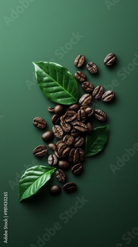 matte green background with coffee beans and green leaves in flat lay studio shot